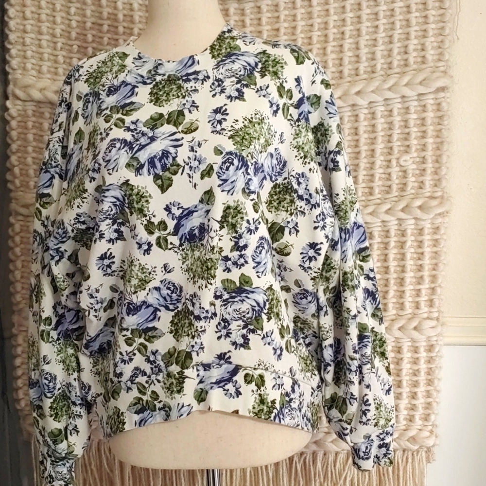 Levi's Crew Neck Sweatshirt Floral White Blue Green High Low Cut Size XS